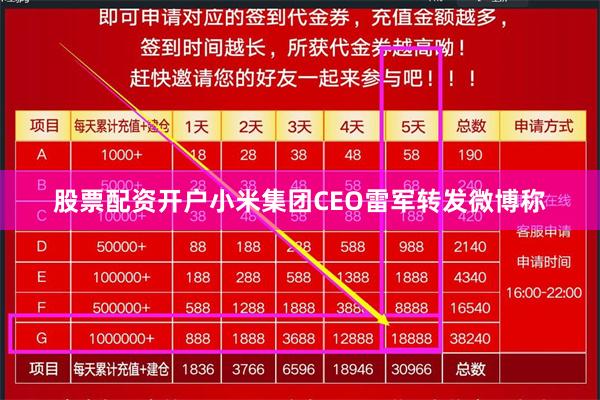 股票配资开户小米集团CEO雷军转发微博称